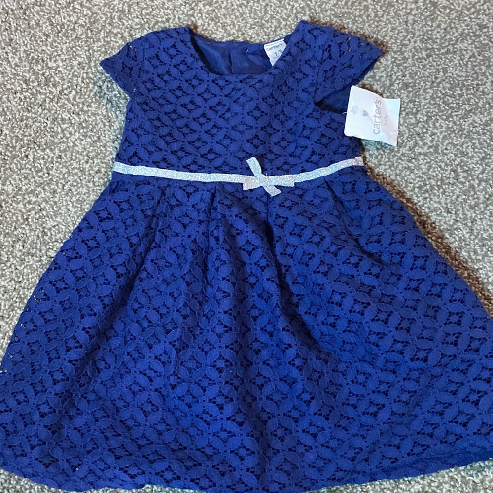 Little girls holiday dress dark blue and silver NWT diaper cover included 18m